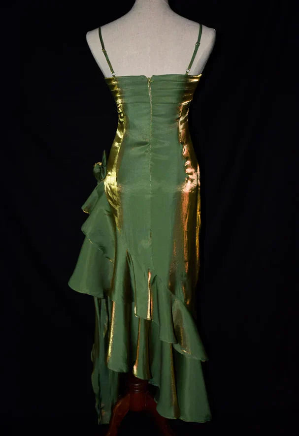 Green Retro Fashion Spaghetti Straps Long Irregular Ruffle Elegant Satin Ball Gowns, Prom Dress