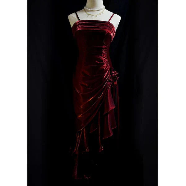 Green Retro Fashion Spaghetti Straps Long Irregular Ruffle Elegant Satin Ball Gowns, Prom Dress
