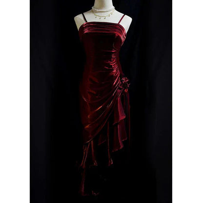 Green Retro Fashion Spaghetti Straps Long Irregular Ruffle Elegant Satin Ball Gowns, Prom Dress