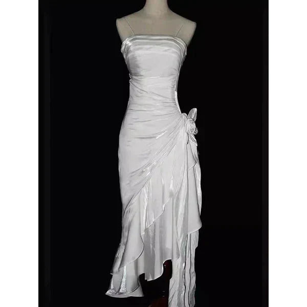 Green Retro Fashion Spaghetti Straps Long Irregular Ruffle Elegant Satin Ball Gowns, Prom Dress