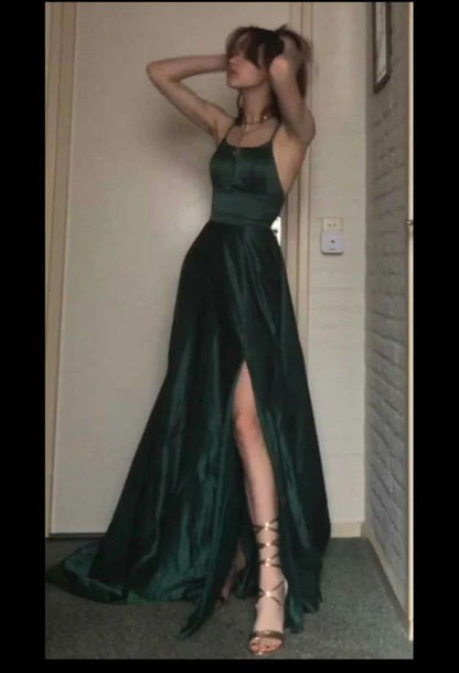 Sexy A Line Halter Dark Green Satin Long Prom Gown Prom Dresses