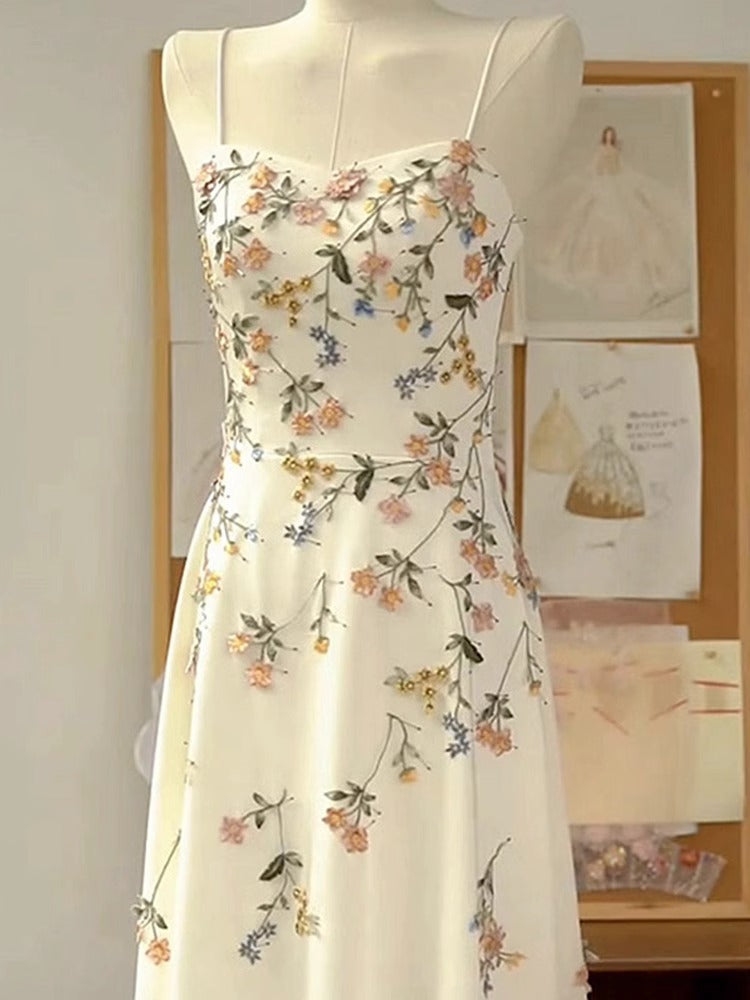 Sexy A Line Spaghetti Straps Ivory Floral Satin Prom Dresses Birthday Outfits Prom Gowns