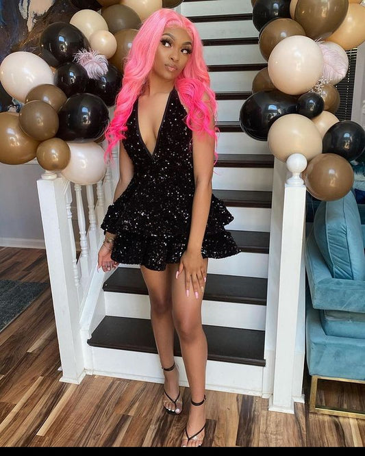Sexy Black Sparking Short Cocktail Dresses Back Open Tiered Sequin Graduation Gowns Parties Night