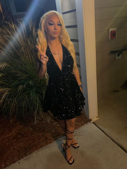 Sexy Black Sparking Short Cocktail Dresses Back Open Tiered Sequin Graduation Gowns Parties Night