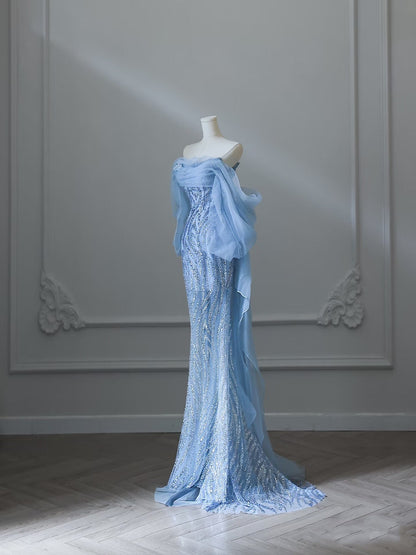 Sexy Mermaid Off The Shoulder Blue Sequin Long Prom Dresses Prom Gown