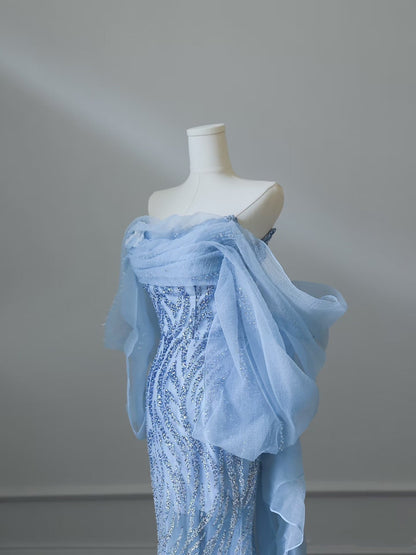 Sexy Mermaid Off The Shoulder Blue Sequin Long Prom Dresses Prom Gown