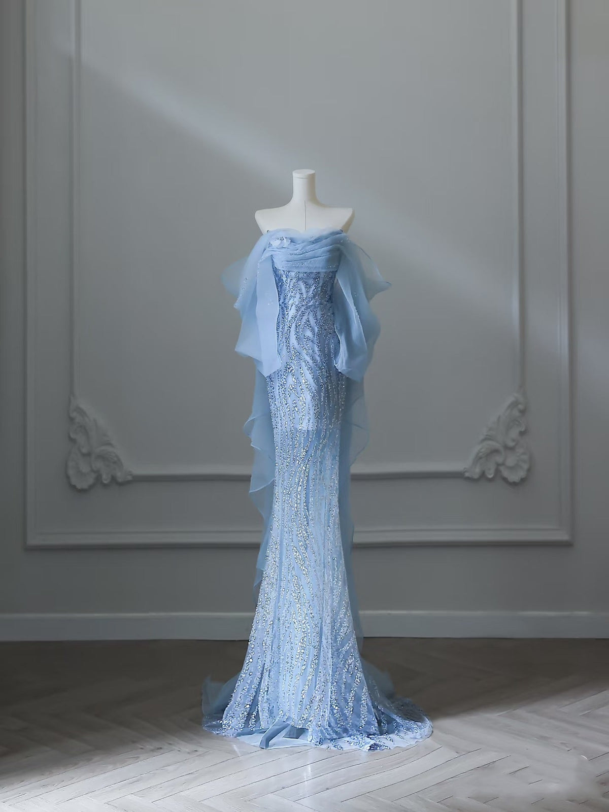 Sexy Mermaid Off The Shoulder Blue Sequin Long Prom Dresses Prom Gown
