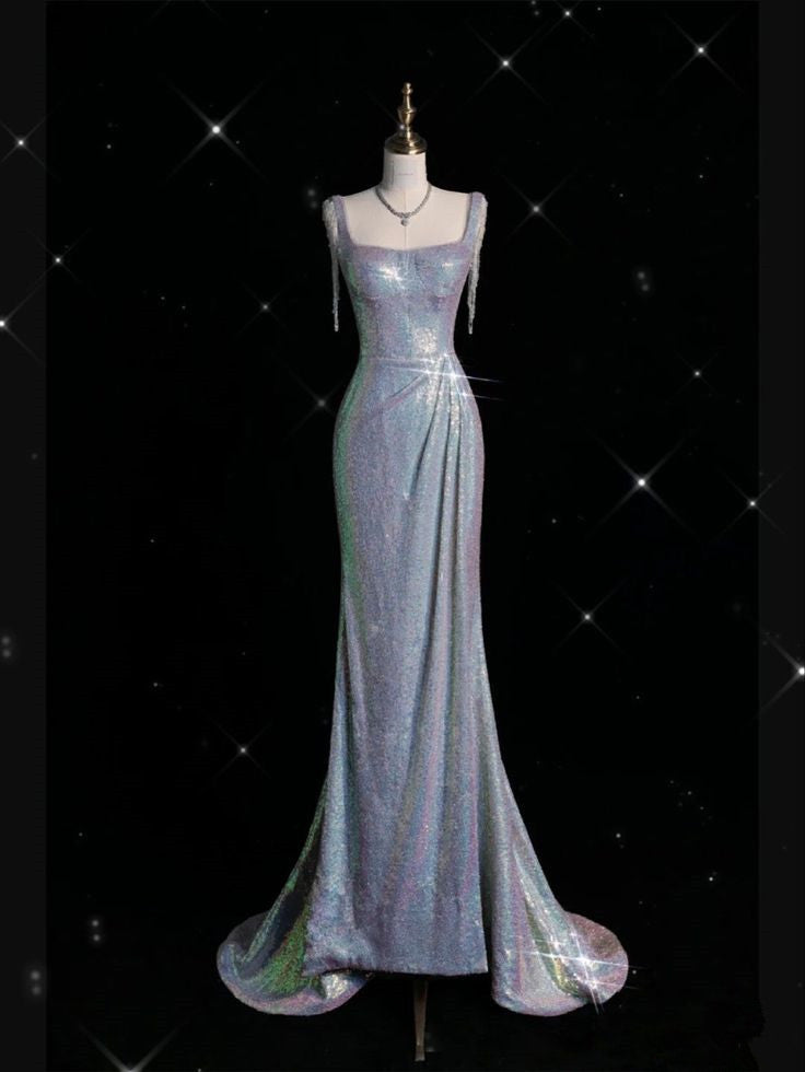 Sexy Mermaid Spaghetti Straps Sequin Silver Prom Gown Long Prom Dresses