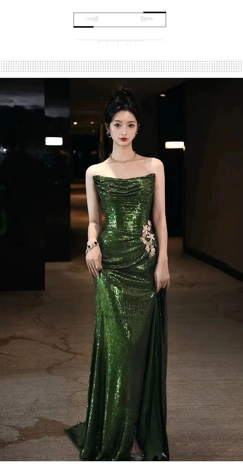 Sexy Mermaid Strapless Dark Green Sequin Long Prom Dresses Prom Gown