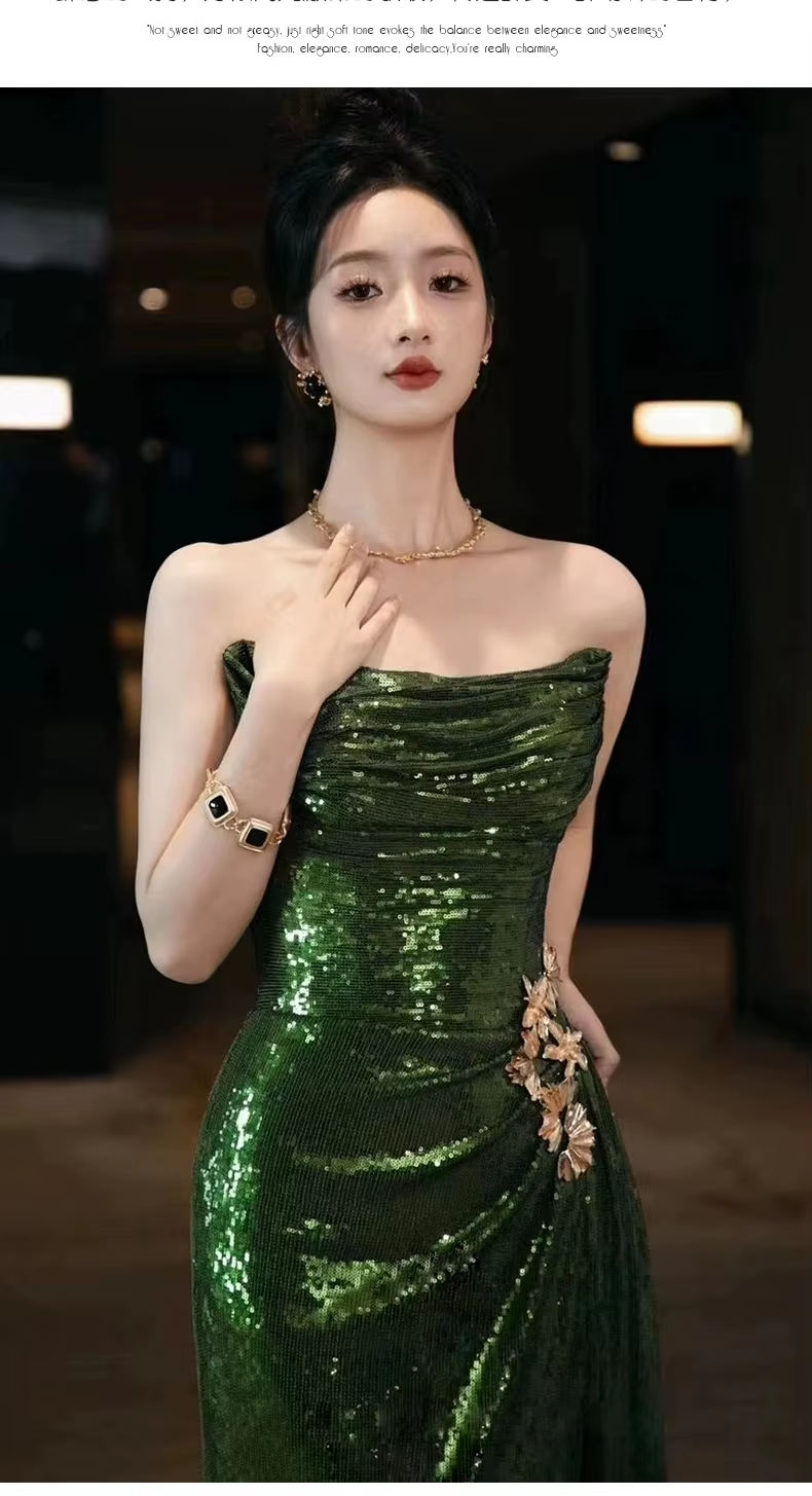 Sexy Mermaid Strapless Dark Green Sequin Long Prom Dresses Prom Gown