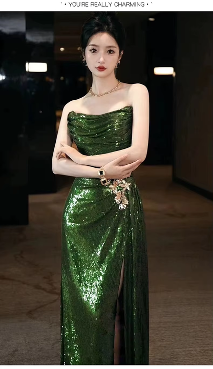 Sexy Mermaid Strapless Dark Green Sequin Long Prom Dresses Prom Gown