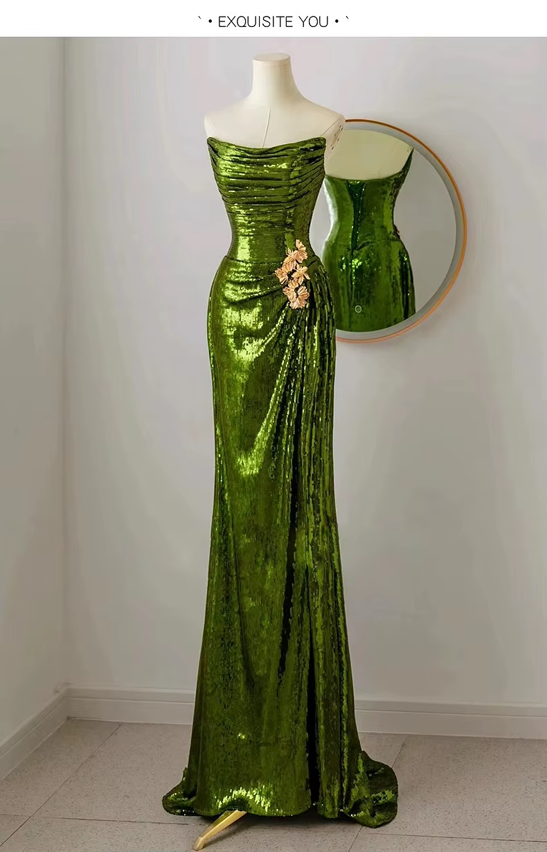 Sexy Mermaid Strapless Dark Green Sequin Long Prom Dresses Prom Gown