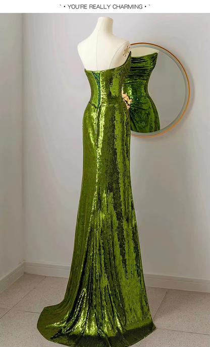 Sexy Mermaid Strapless Dark Green Sequin Long Prom Dresses Prom Gown