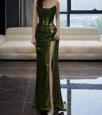 Sexy Mermaid Strapless Dark Green Sequin Long Prom Dresses Prom Gown