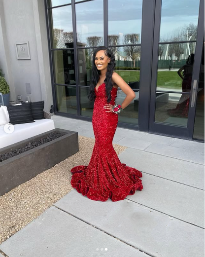 Sexy Mermaid Sweetheart Neckline Sequin Black Girl Red Prom Gowns Prom Dresses