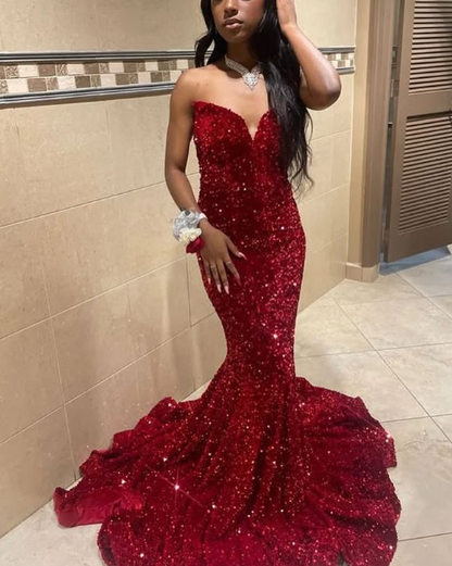 Sexy Mermaid Sweetheart Neckline Sequin Black Girl Red Prom Gowns Prom Dresses