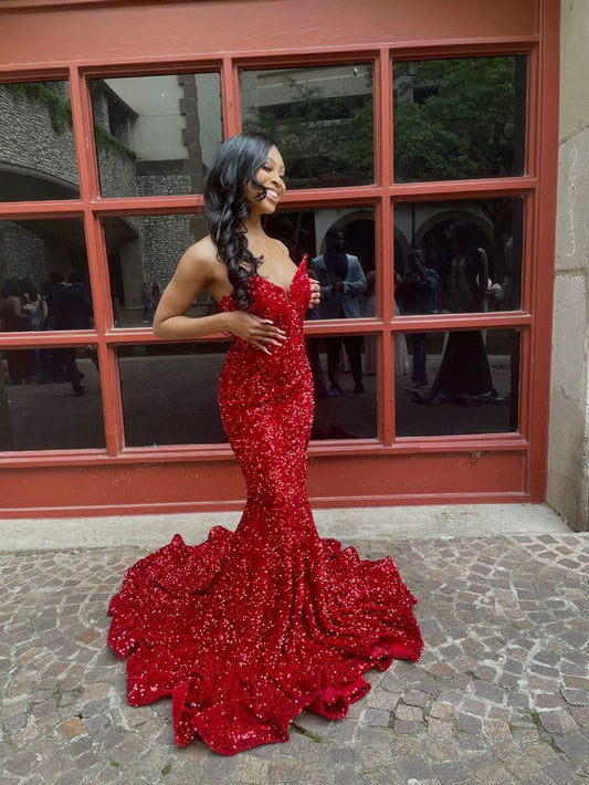 Sexy Mermaid Sweetheart Neckline Sequin Black Girl Red Prom Gowns Prom Dresses