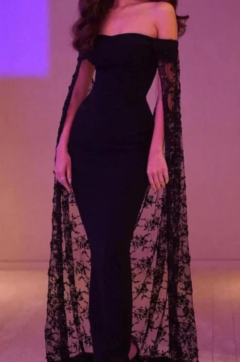 Black Noble And Elegant Mermaid Slim Lace Cape Elegant Long Floor-Length Trailing Ball Gowns Prom Dress