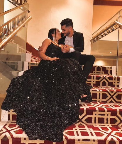 Shiny Black Strapless A-Line Sequin Slit Long Prom Dresses Prom Gown