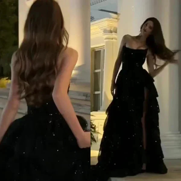 Shiny Black Strapless A-Line Sequin Slit Long Prom Dresses Prom Gown