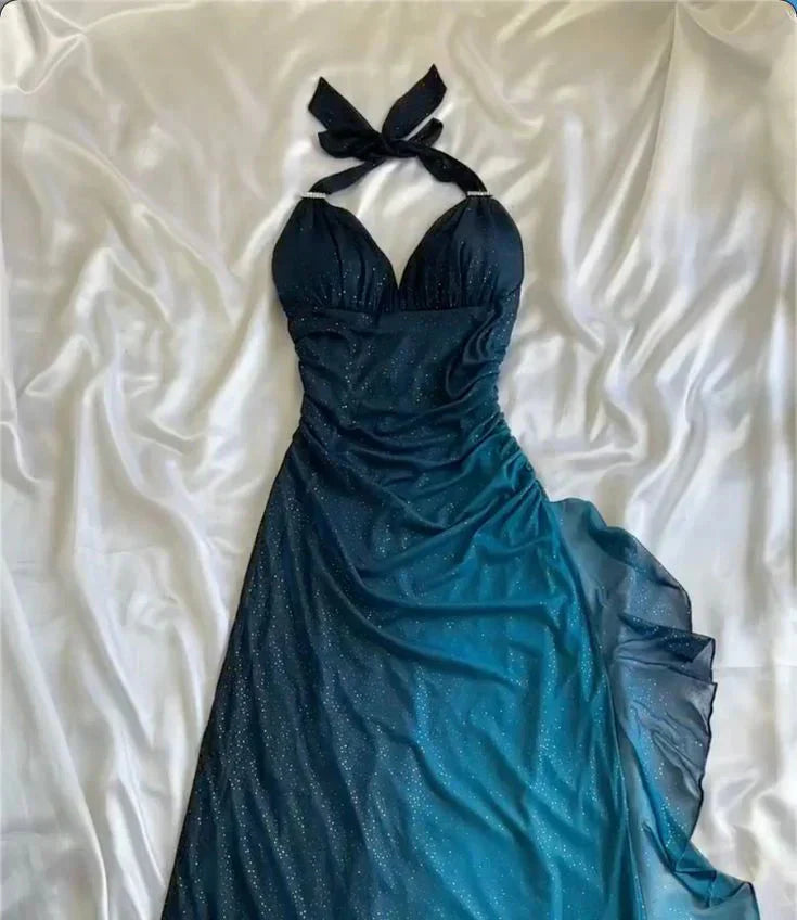 Shiny Chiffon Halter Sheath Prom Dresses For Prom&Birthday Elegant Blue Prom Gown