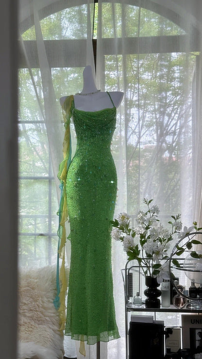 Shiny Full Beaded Heavy Green Mermaid Backless Evening Gown Prom Dresses