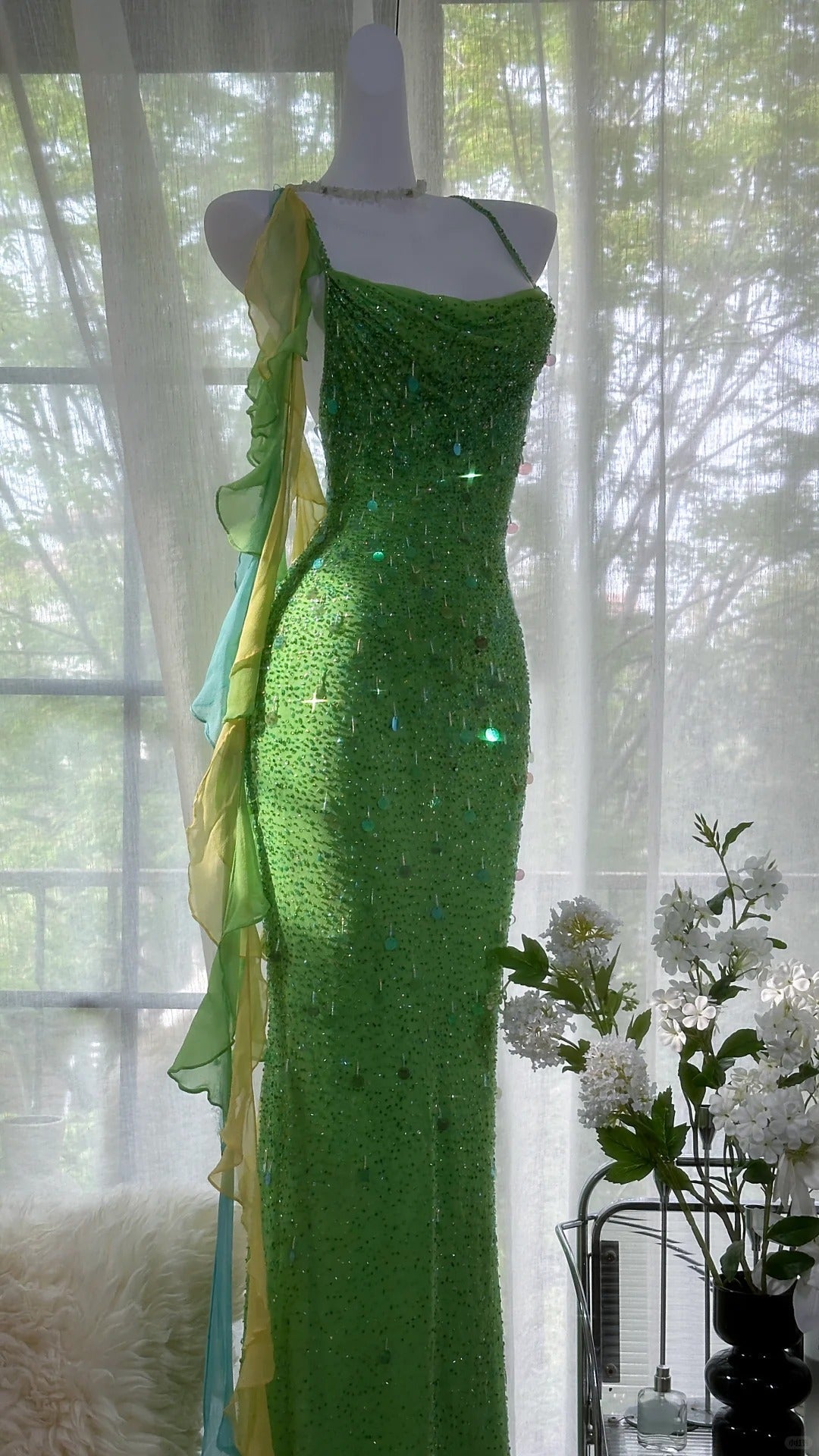 Shiny Full Beaded Heavy Green Mermaid Backless Evening Gown Prom Dresses