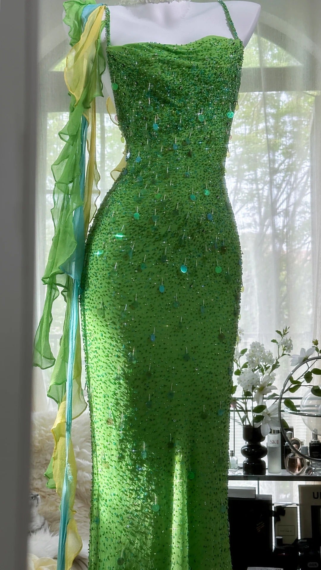 Shiny Full Beaded Heavy Green Mermaid Backless Evening Gown Prom Dresses
