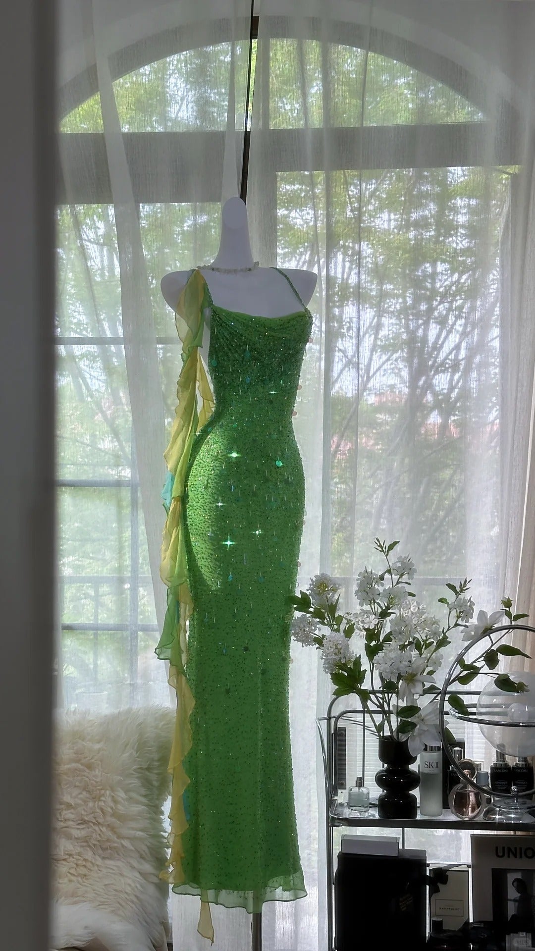 Shiny Full Beaded Heavy Green Mermaid Backless Evening Gown Prom Dresses