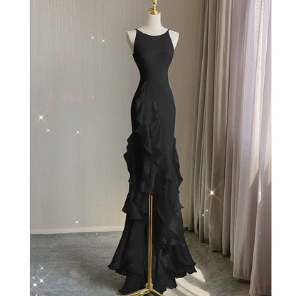 Simple Mermaid Prom Gowns With Ruffles Spaghetti Straps Backless Prom Dresses For Date