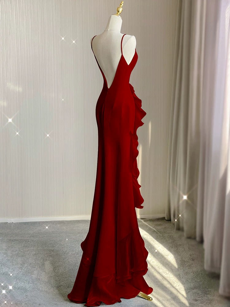 Simple Mermaid Prom Gowns With Ruffles Spaghetti Straps Backless Prom Dresses For Date