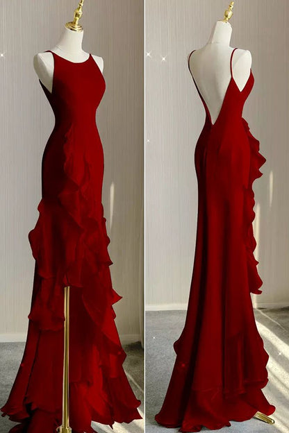 Simple Mermaid Prom Gowns With Ruffles Spaghetti Straps Backless Prom Dresses For Date