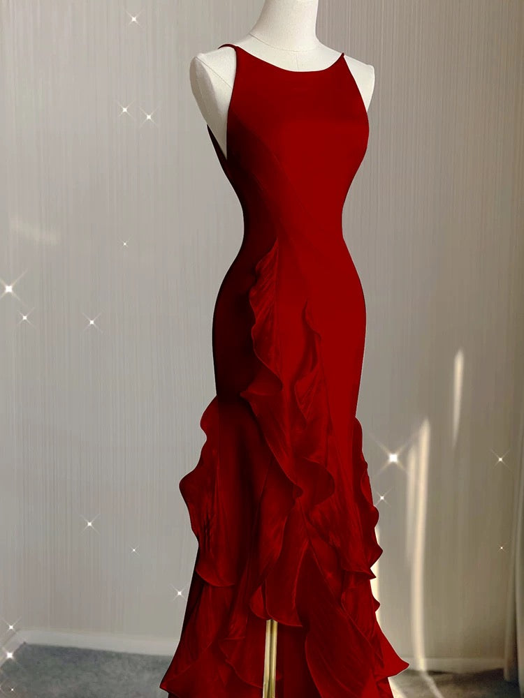 Simple Mermaid Prom Gowns With Ruffles Spaghetti Straps Backless Prom Dresses For Date