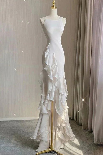 Simple Mermaid Prom Gowns With Ruffles Spaghetti Straps Backless Prom Dresses For Date
