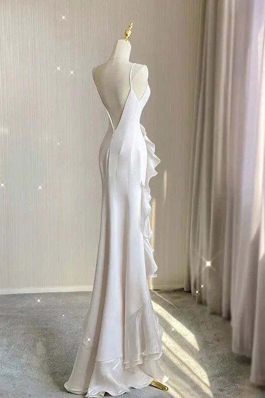 Simple Mermaid Prom Gowns With Ruffles Spaghetti Straps Backless Prom Dresses For Date