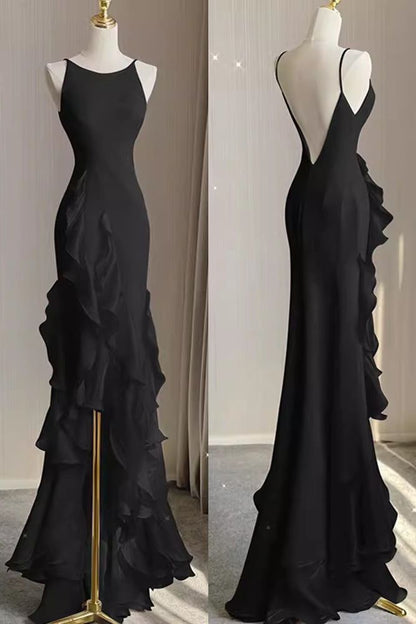 Simple Mermaid Prom Gowns With Ruffles Spaghetti Straps Backless Prom Dresses For Date