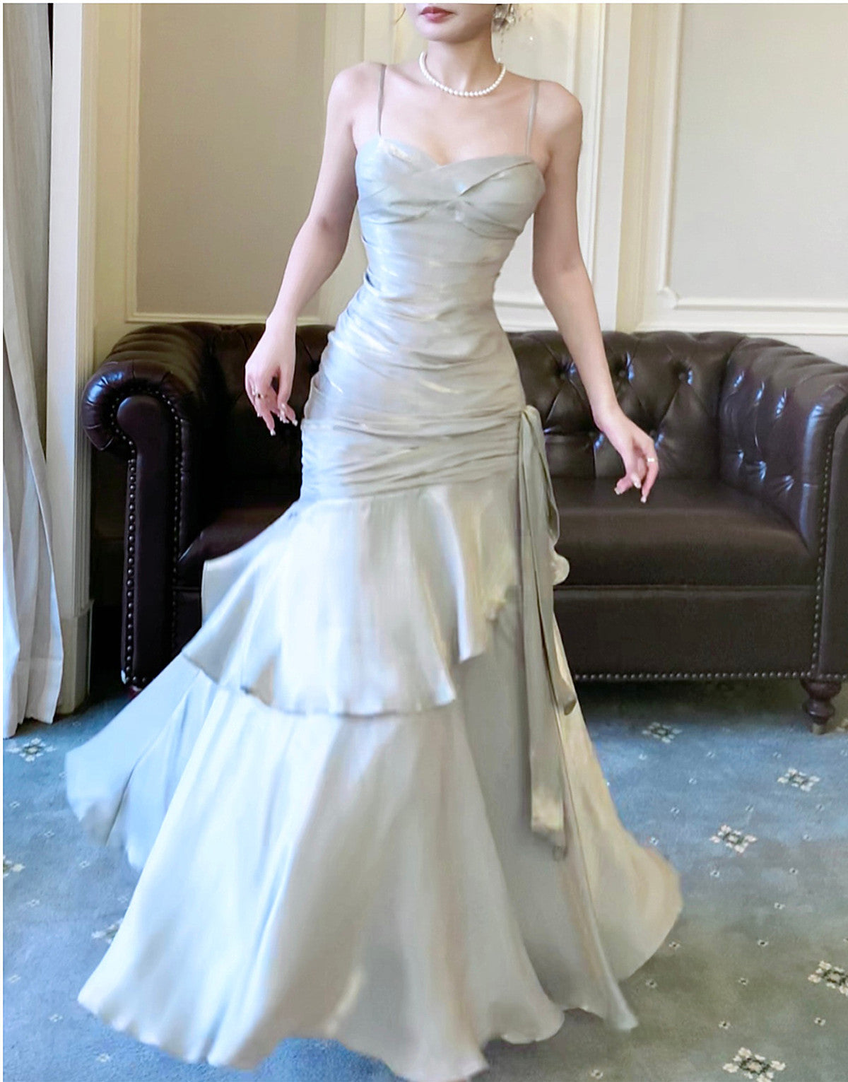 Sliver Grey Satin Straps Long Prom Gowns, Cute Long Prom Dresses