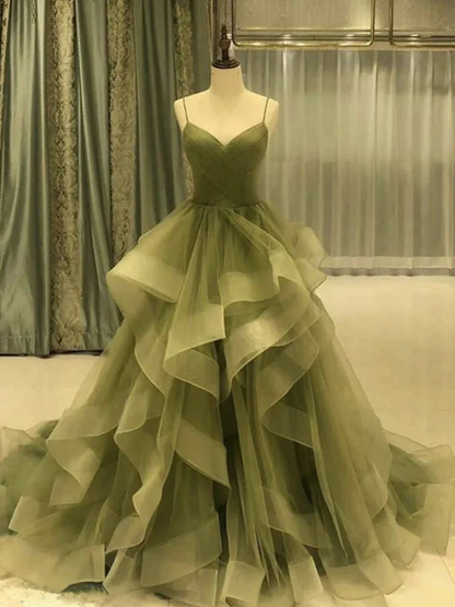 Spaghetti Strap Green A Line Long Prom Dress Prom Gowns Prom Dresses