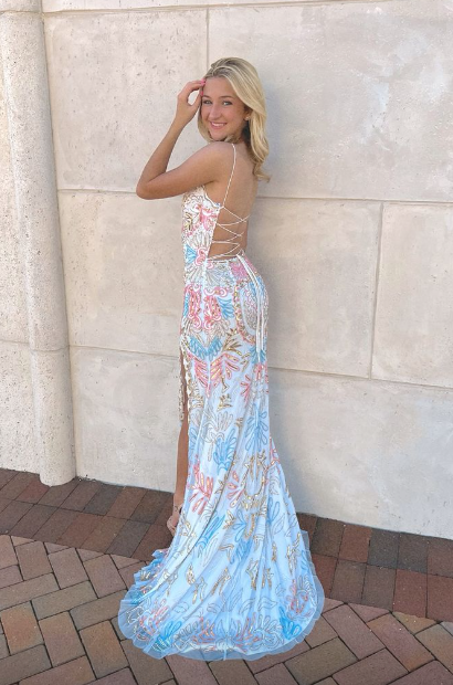 White Gorgeous Shiny Exquisite Beaded Spaghetti Strap Sequined Backless Long Chiffon Ball Gowns Prom Dress Prom Gowns Holiday Prom Dresses