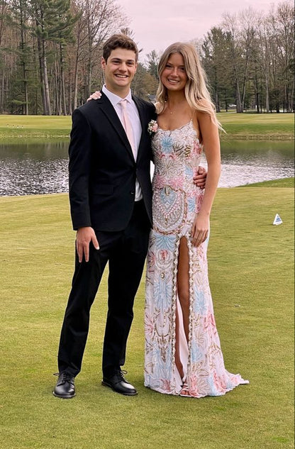 White Gorgeous Shiny Exquisite Beaded Spaghetti Strap Sequined Backless Long Chiffon Ball Gowns Prom Dress Prom Gowns Holiday Prom Dresses
