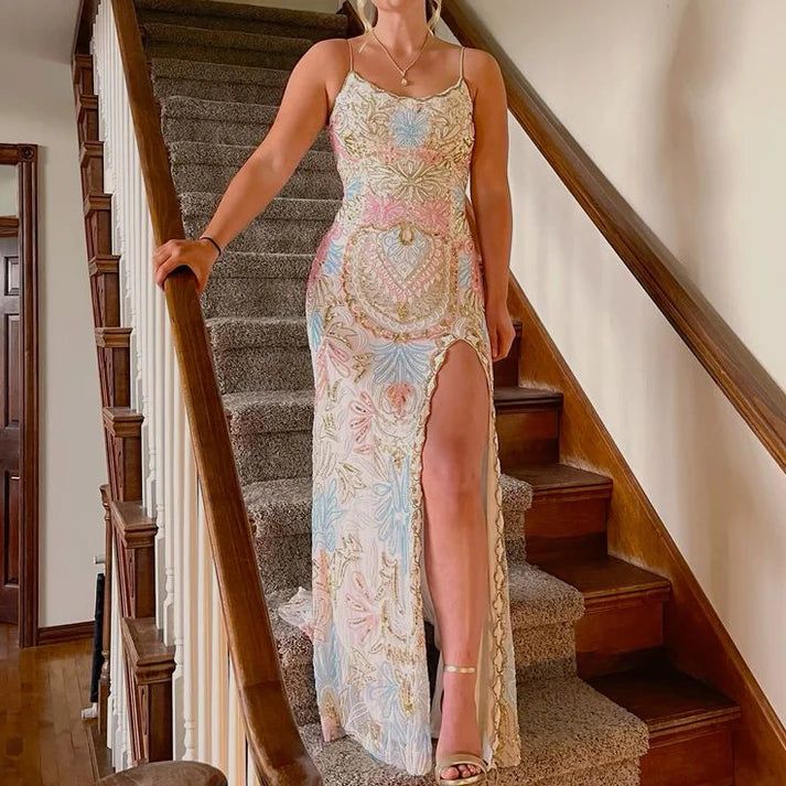 White Gorgeous Shiny Exquisite Beaded Spaghetti Strap Sequined Backless Long Chiffon Ball Gowns Prom Dress Prom Gowns Holiday Prom Dresses