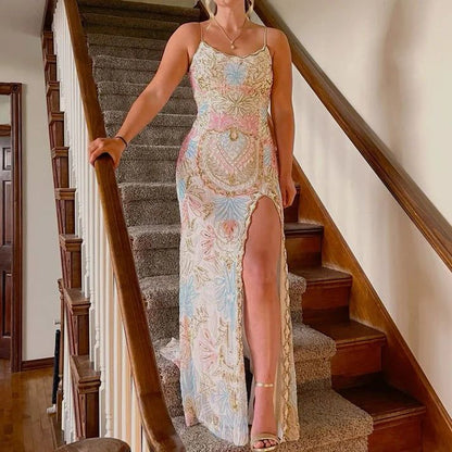 White Gorgeous Shiny Exquisite Beaded Spaghetti Strap Sequined Backless Long Chiffon Ball Gowns Prom Dress Prom Gowns Holiday Prom Dresses
