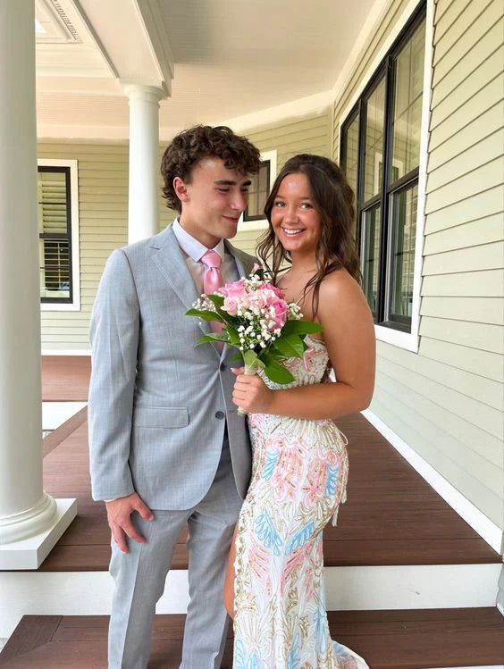White Gorgeous Shiny Exquisite Beaded Spaghetti Strap Sequined Backless Long Chiffon Ball Gowns Prom Dress Prom Gowns Holiday Prom Dresses