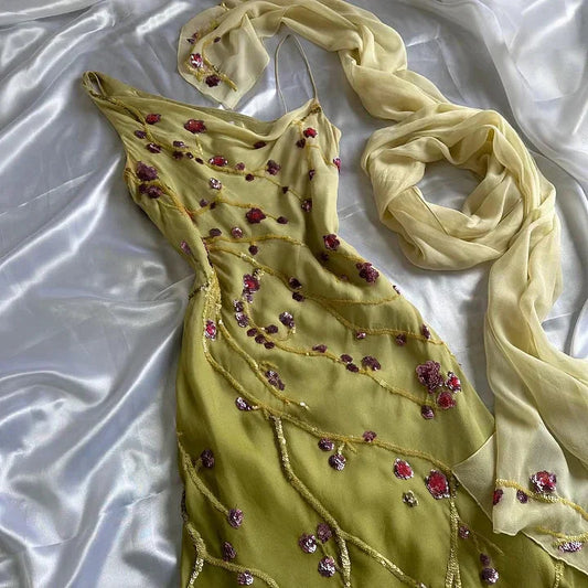 Yellow Green Gorgeous Exquisite Vintage Embroidered Spaghetti Strap Long Ball Gowns Prom Dresses Prom Gowns