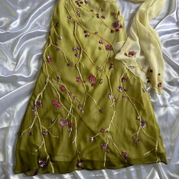 Yellow Green Gorgeous Exquisite Vintage Embroidered Spaghetti Strap Long Ball Gowns Prom Dresses Prom Gowns