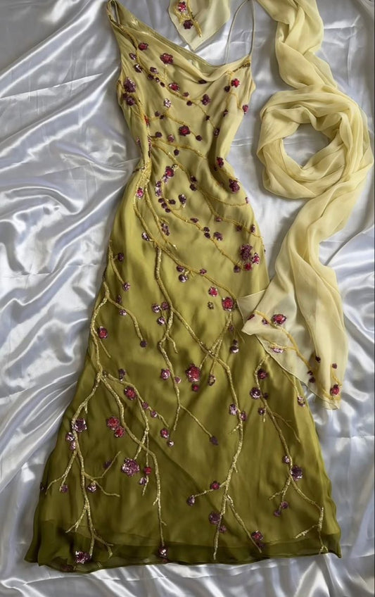 Yellow Green Gorgeous Exquisite Vintage Embroidered Spaghetti Strap Long Ball Gowns Prom Dresses Prom Gowns