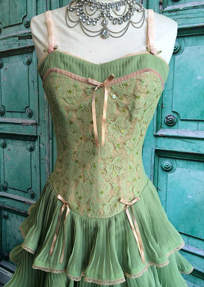 Green Pink Sweet Spaghetti Strap Layered Long Lace Tulle Ball Gowns Prom Dress Coming Of Age Ceremony Dresses
