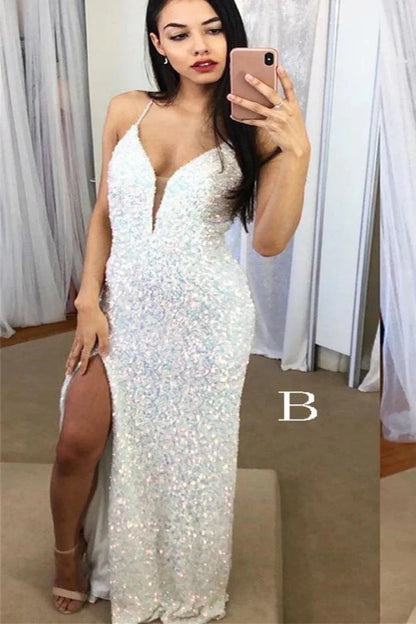 Spaghetti Straps Mermaid Prom Dresses, Sparkly Sequins Slit Long Prom Gowns