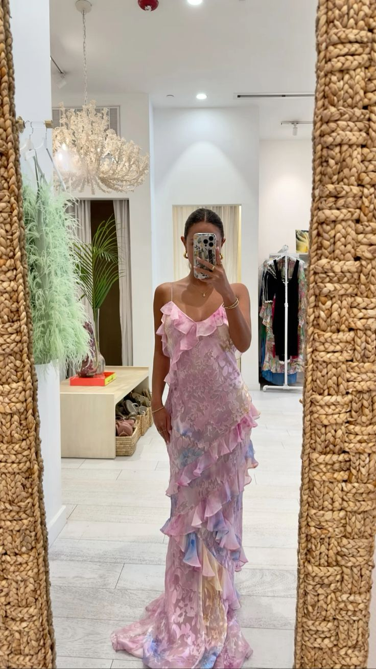 Dreamy Elegant Spaghetti Strap Pink Layered Ruffle Maxi Dress Long Chiffon Prom Gowns Prom Dresses