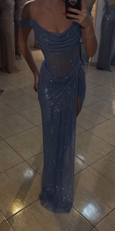 Sparkly Mermaid Off The Shoulder Blue Sequin Long Slit Prom Gown Prom Dress Special Prom Dress